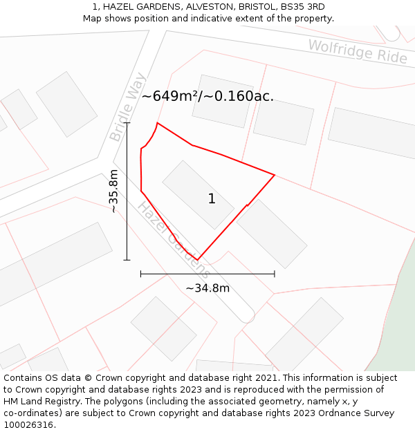 1, HAZEL GARDENS, ALVESTON, BRISTOL, BS35 3RD: Plot and title map