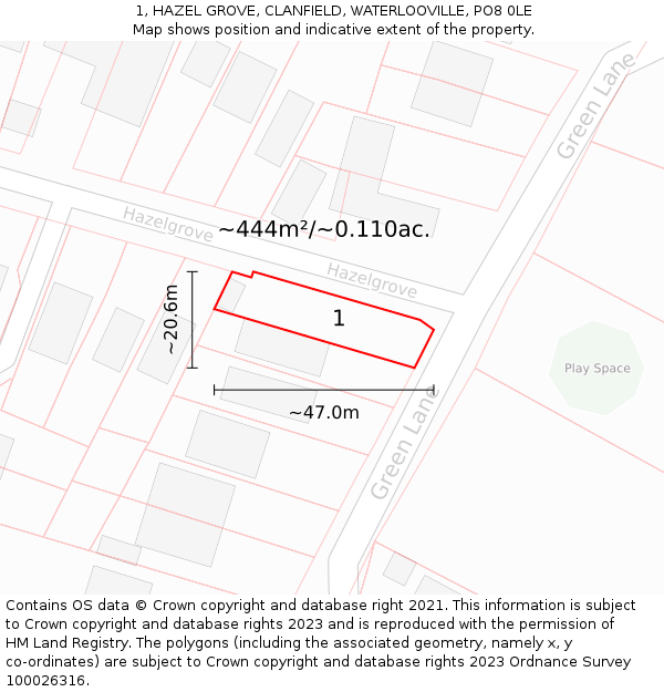 1, HAZEL GROVE, CLANFIELD, WATERLOOVILLE, PO8 0LE: Plot and title map