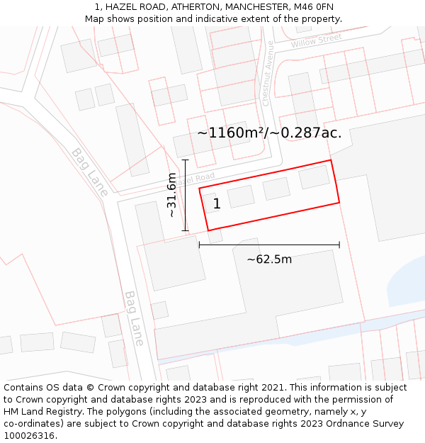 1, HAZEL ROAD, ATHERTON, MANCHESTER, M46 0FN: Plot and title map