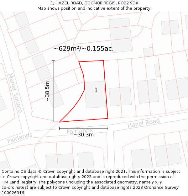 1, HAZEL ROAD, BOGNOR REGIS, PO22 9DX: Plot and title map