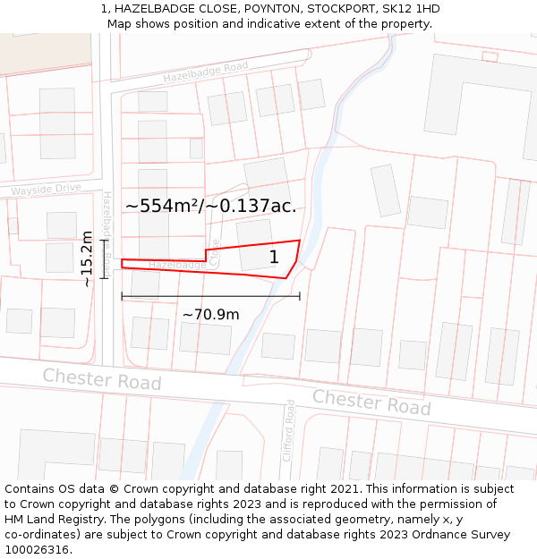 1, HAZELBADGE CLOSE, POYNTON, STOCKPORT, SK12 1HD: Plot and title map