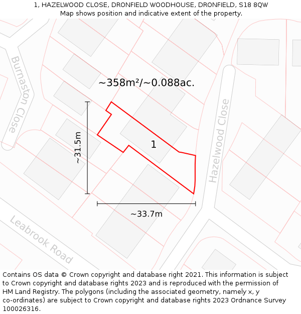 1, HAZELWOOD CLOSE, DRONFIELD WOODHOUSE, DRONFIELD, S18 8QW: Plot and title map