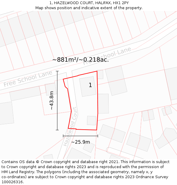 1, HAZELWOOD COURT, HALIFAX, HX1 2PY: Plot and title map