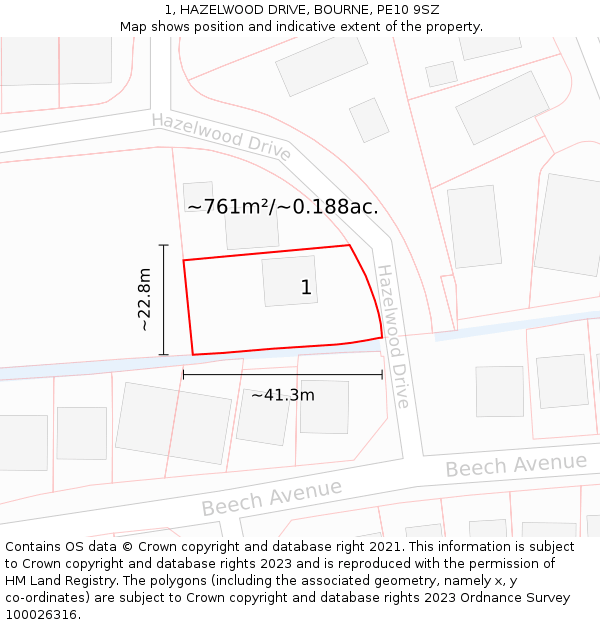 1, HAZELWOOD DRIVE, BOURNE, PE10 9SZ: Plot and title map