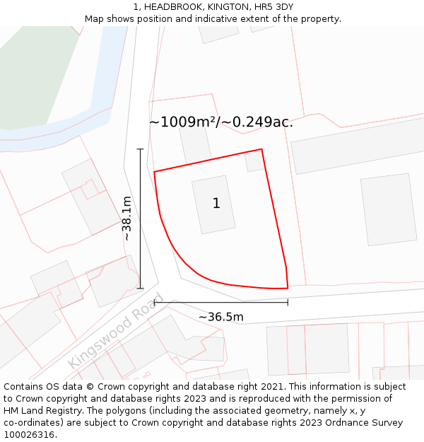 1, HEADBROOK, KINGTON, HR5 3DY: Plot and title map