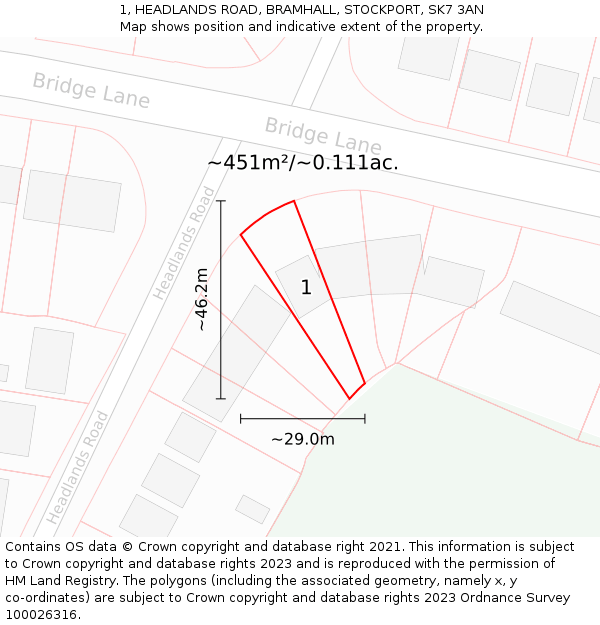 1, HEADLANDS ROAD, BRAMHALL, STOCKPORT, SK7 3AN: Plot and title map