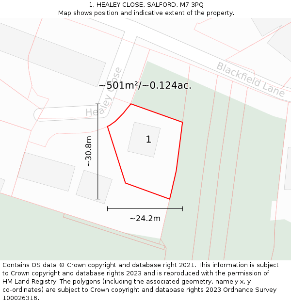 1, HEALEY CLOSE, SALFORD, M7 3PQ: Plot and title map