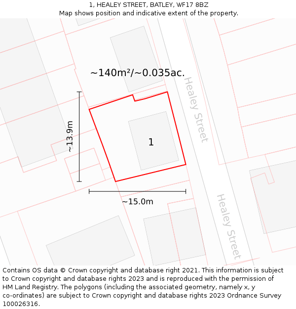 1, HEALEY STREET, BATLEY, WF17 8BZ: Plot and title map