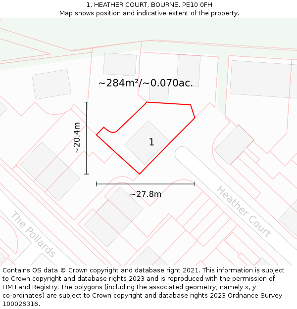 1, HEATHER COURT, BOURNE, PE10 0FH: Plot and title map