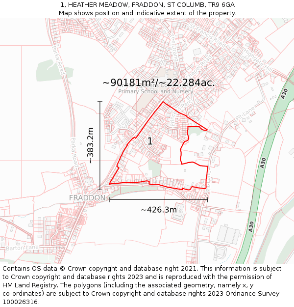 1, HEATHER MEADOW, FRADDON, ST COLUMB, TR9 6GA: Plot and title map