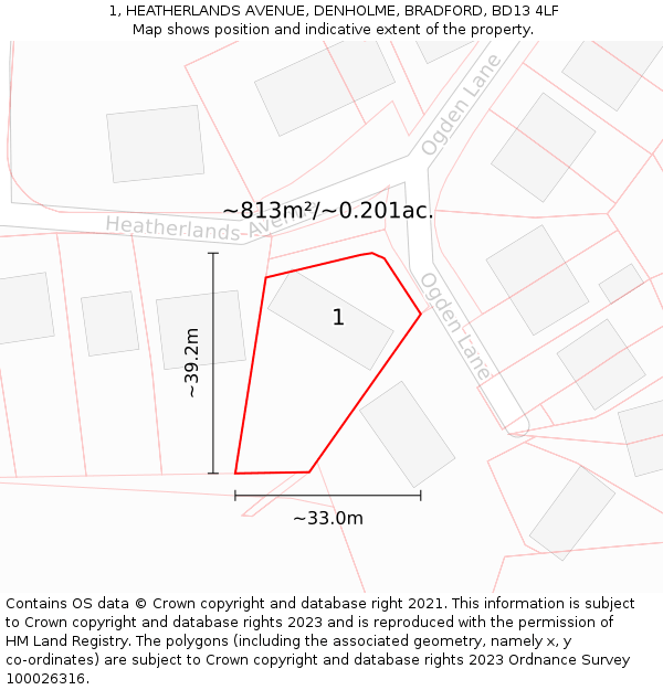 1, HEATHERLANDS AVENUE, DENHOLME, BRADFORD, BD13 4LF: Plot and title map