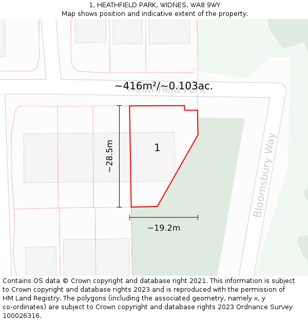 1, HEATHFIELD PARK, WIDNES, WA8 9WY: Plot and title map