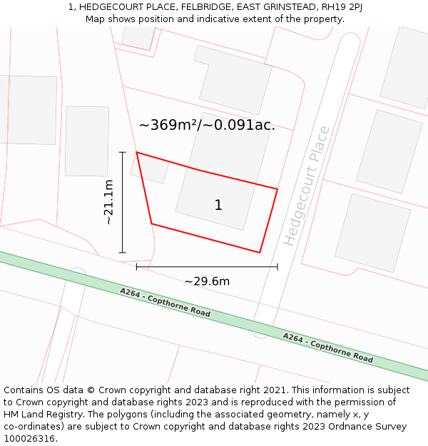 1, HEDGECOURT PLACE, FELBRIDGE, EAST GRINSTEAD, RH19 2PJ: Plot and title map