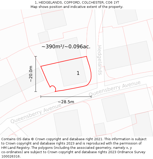 1, HEDGELANDS, COPFORD, COLCHESTER, CO6 1YT: Plot and title map