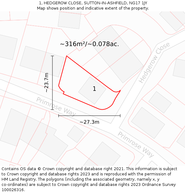 1, HEDGEROW CLOSE, SUTTON-IN-ASHFIELD, NG17 1JY: Plot and title map