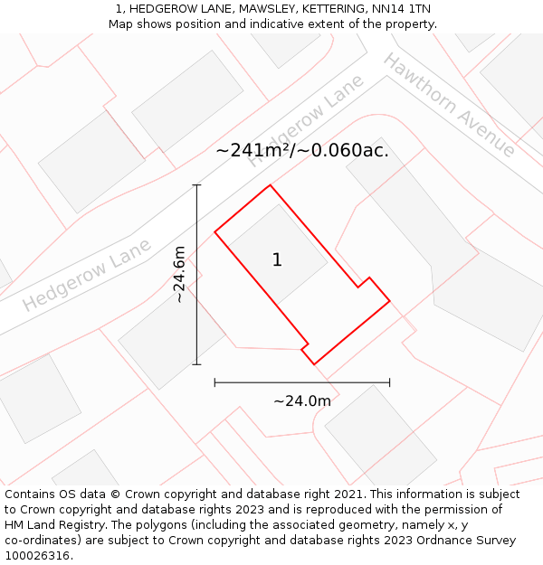 1, HEDGEROW LANE, MAWSLEY, KETTERING, NN14 1TN: Plot and title map