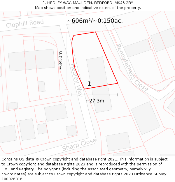 1, HEDLEY WAY, MAULDEN, BEDFORD, MK45 2BY: Plot and title map
