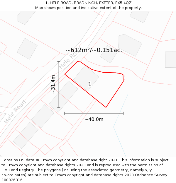 1, HELE ROAD, BRADNINCH, EXETER, EX5 4QZ: Plot and title map
