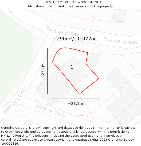 1, HEMLETS CLOSE, BRIDPORT, DT6 3FB: Plot and title map