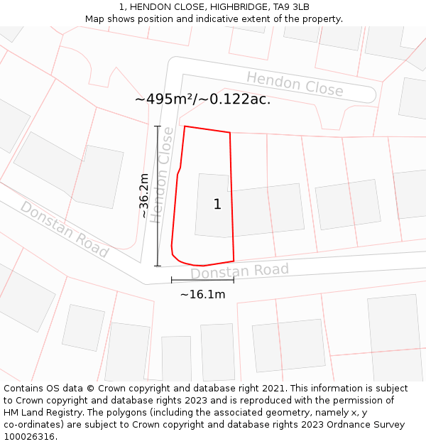 1, HENDON CLOSE, HIGHBRIDGE, TA9 3LB: Plot and title map