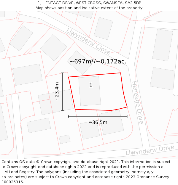 1, HENEAGE DRIVE, WEST CROSS, SWANSEA, SA3 5BP: Plot and title map