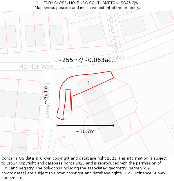 1, HENRY CLOSE, HOLBURY, SOUTHAMPTON, SO45 2JW: Plot and title map