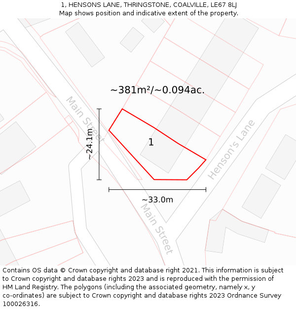 1, HENSONS LANE, THRINGSTONE, COALVILLE, LE67 8LJ: Plot and title map