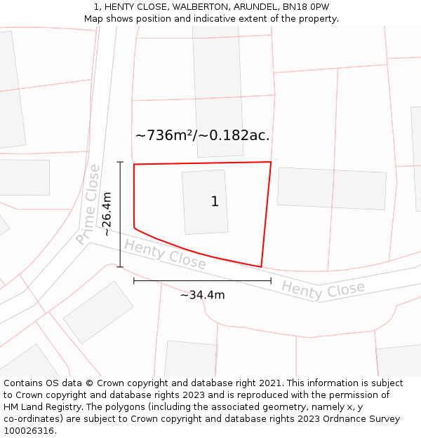 1, HENTY CLOSE, WALBERTON, ARUNDEL, BN18 0PW: Plot and title map