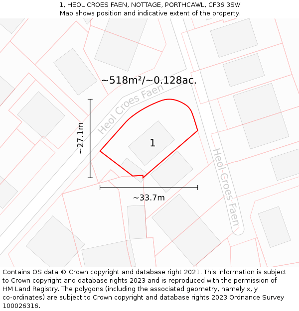 1, HEOL CROES FAEN, NOTTAGE, PORTHCAWL, CF36 3SW: Plot and title map