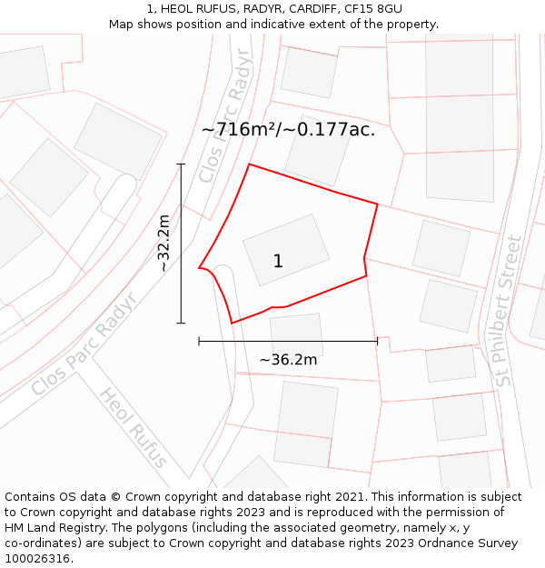 1, HEOL RUFUS, RADYR, CARDIFF, CF15 8GU: Plot and title map