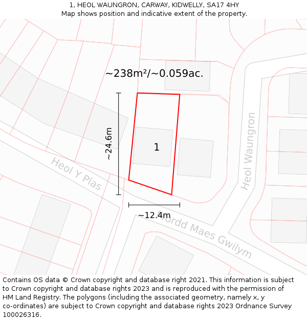 1, HEOL WAUNGRON, CARWAY, KIDWELLY, SA17 4HY: Plot and title map