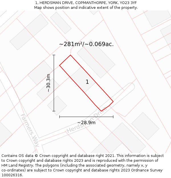 1, HERDSMAN DRIVE, COPMANTHORPE, YORK, YO23 3YF: Plot and title map