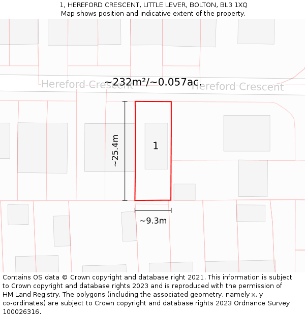 1, HEREFORD CRESCENT, LITTLE LEVER, BOLTON, BL3 1XQ: Plot and title map