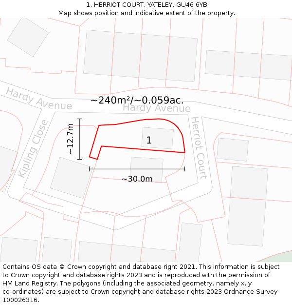 1, HERRIOT COURT, YATELEY, GU46 6YB: Plot and title map