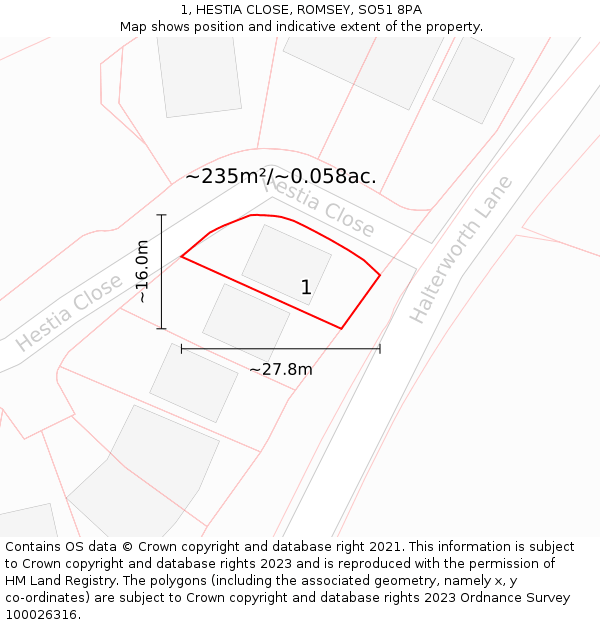 1, HESTIA CLOSE, ROMSEY, SO51 8PA: Plot and title map