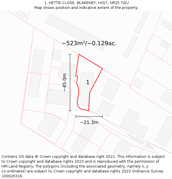 1, HETTIE CLOSE, BLAKENEY, HOLT, NR25 7QU: Plot and title map