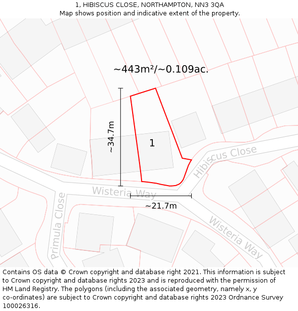 1, HIBISCUS CLOSE, NORTHAMPTON, NN3 3QA: Plot and title map