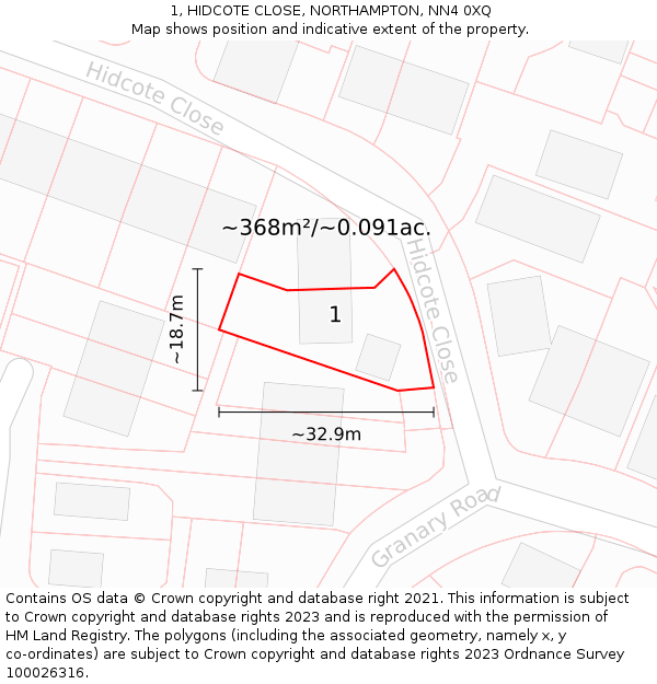 1, HIDCOTE CLOSE, NORTHAMPTON, NN4 0XQ: Plot and title map