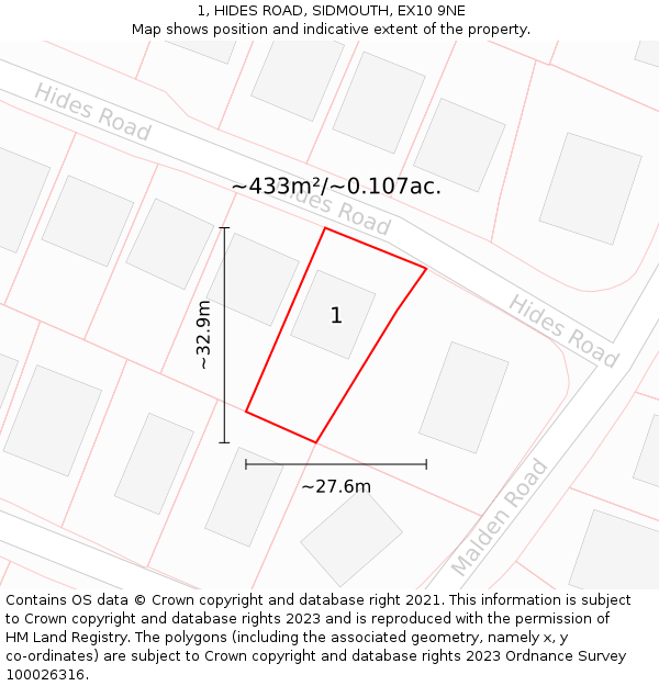 1, HIDES ROAD, SIDMOUTH, EX10 9NE: Plot and title map