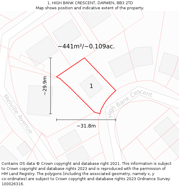 1, HIGH BANK CRESCENT, DARWEN, BB3 2TD: Plot and title map