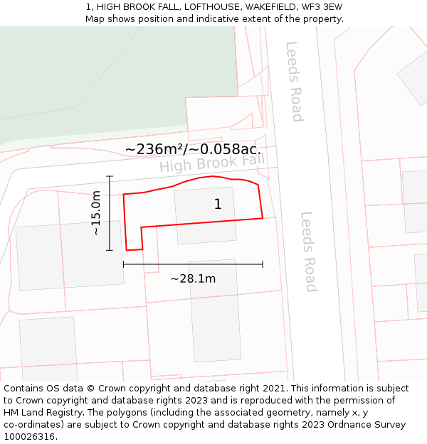 1, HIGH BROOK FALL, LOFTHOUSE, WAKEFIELD, WF3 3EW: Plot and title map