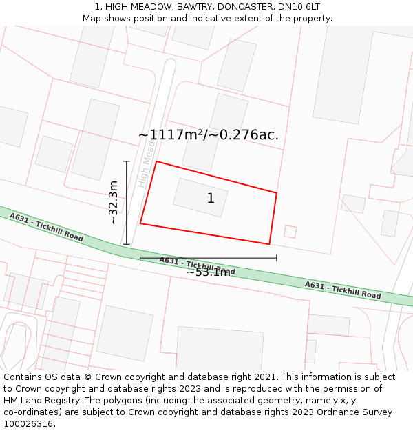 1, HIGH MEADOW, BAWTRY, DONCASTER, DN10 6LT: Plot and title map