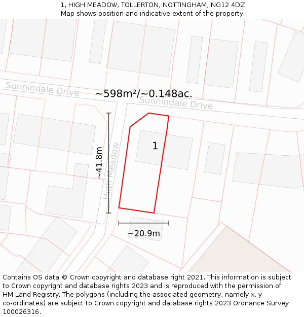 1, HIGH MEADOW, TOLLERTON, NOTTINGHAM, NG12 4DZ: Plot and title map