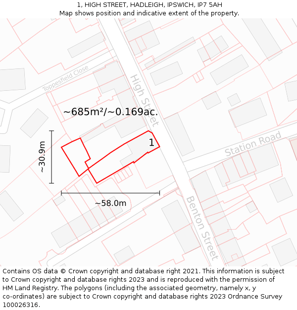 1, HIGH STREET, HADLEIGH, IPSWICH, IP7 5AH: Plot and title map