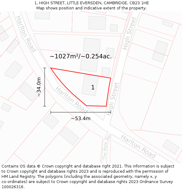 1, HIGH STREET, LITTLE EVERSDEN, CAMBRIDGE, CB23 1HE: Plot and title map