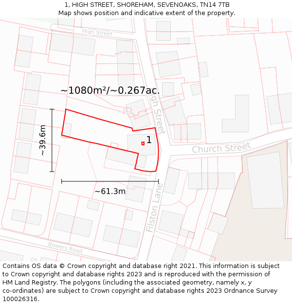 1, HIGH STREET, SHOREHAM, SEVENOAKS, TN14 7TB: Plot and title map