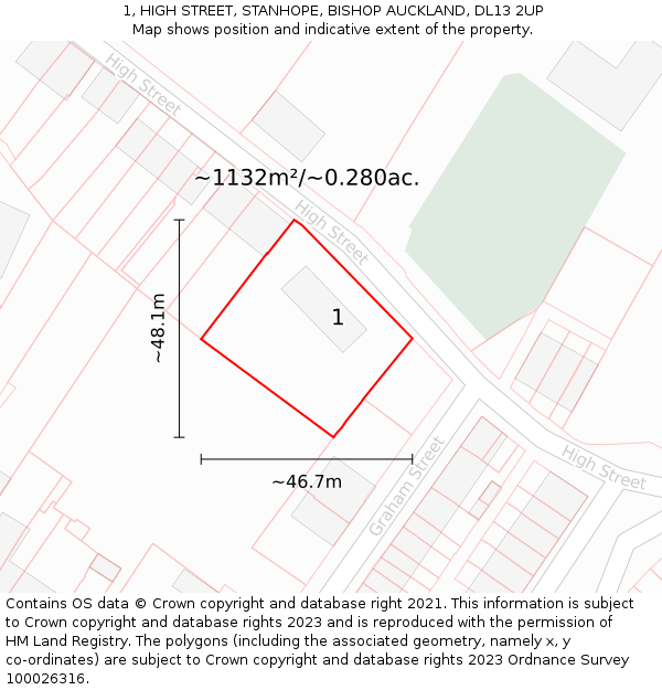 1, HIGH STREET, STANHOPE, BISHOP AUCKLAND, DL13 2UP: Plot and title map