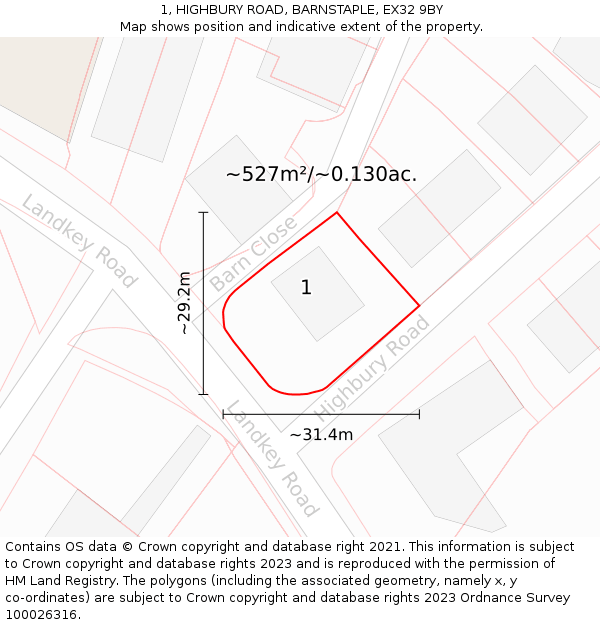 1, HIGHBURY ROAD, BARNSTAPLE, EX32 9BY: Plot and title map