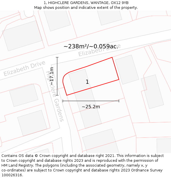 1, HIGHCLERE GARDENS, WANTAGE, OX12 9YB: Plot and title map