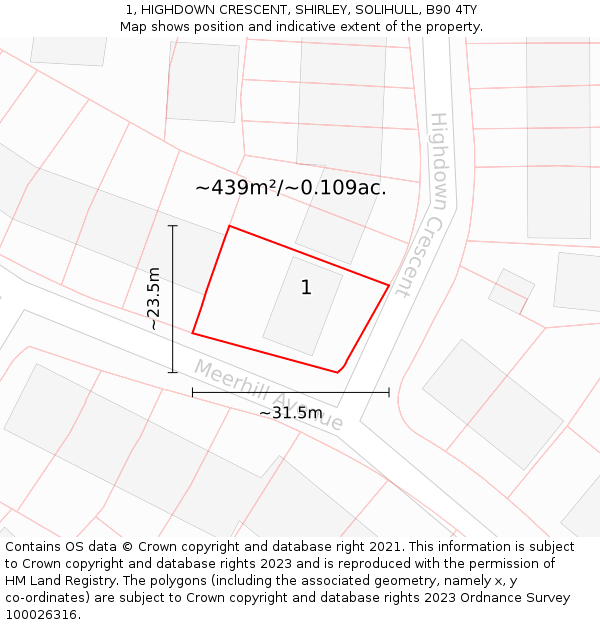 1, HIGHDOWN CRESCENT, SHIRLEY, SOLIHULL, B90 4TY: Plot and title map